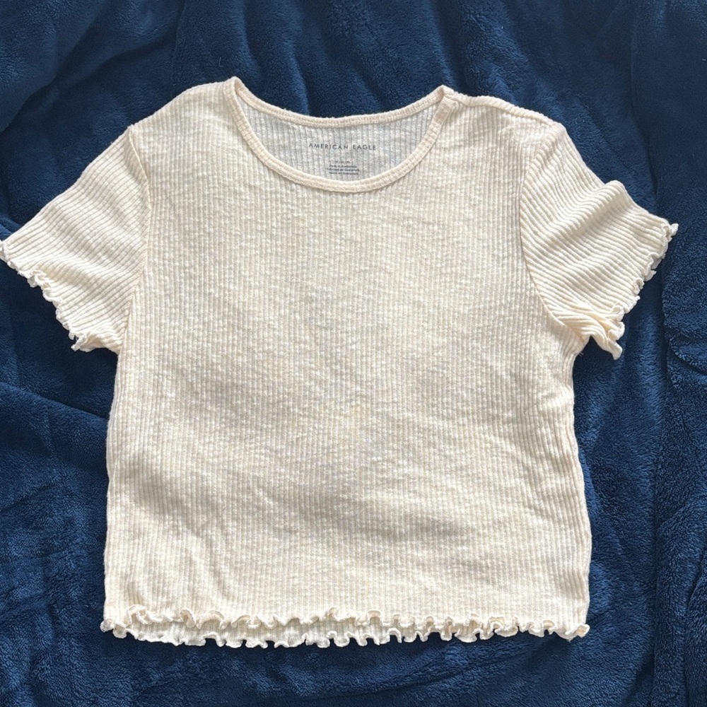 American Eagle Outfitters Cream Ribbed Short Sleeve Tee